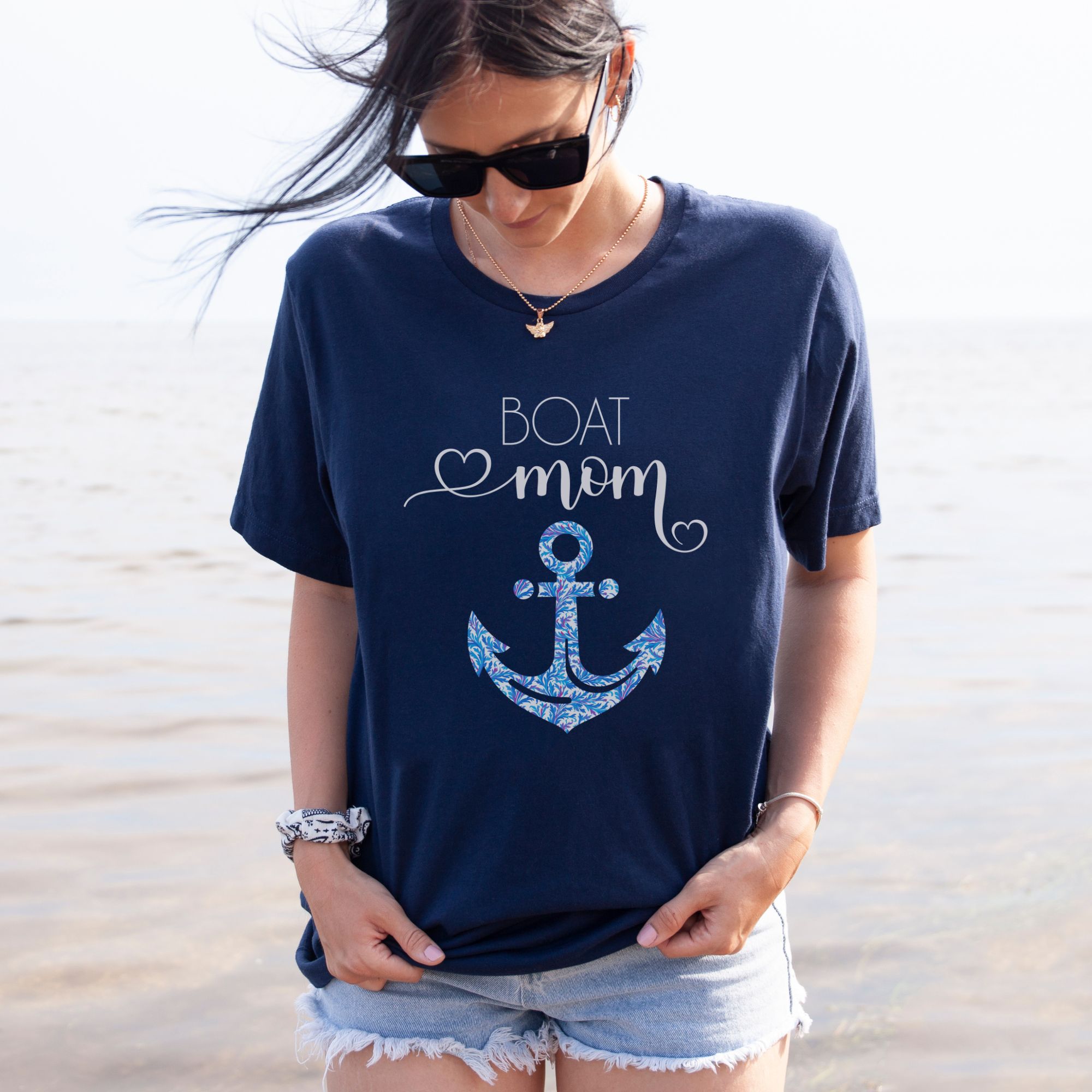 Boat Mom Nautical Anchor Shirt - White Print