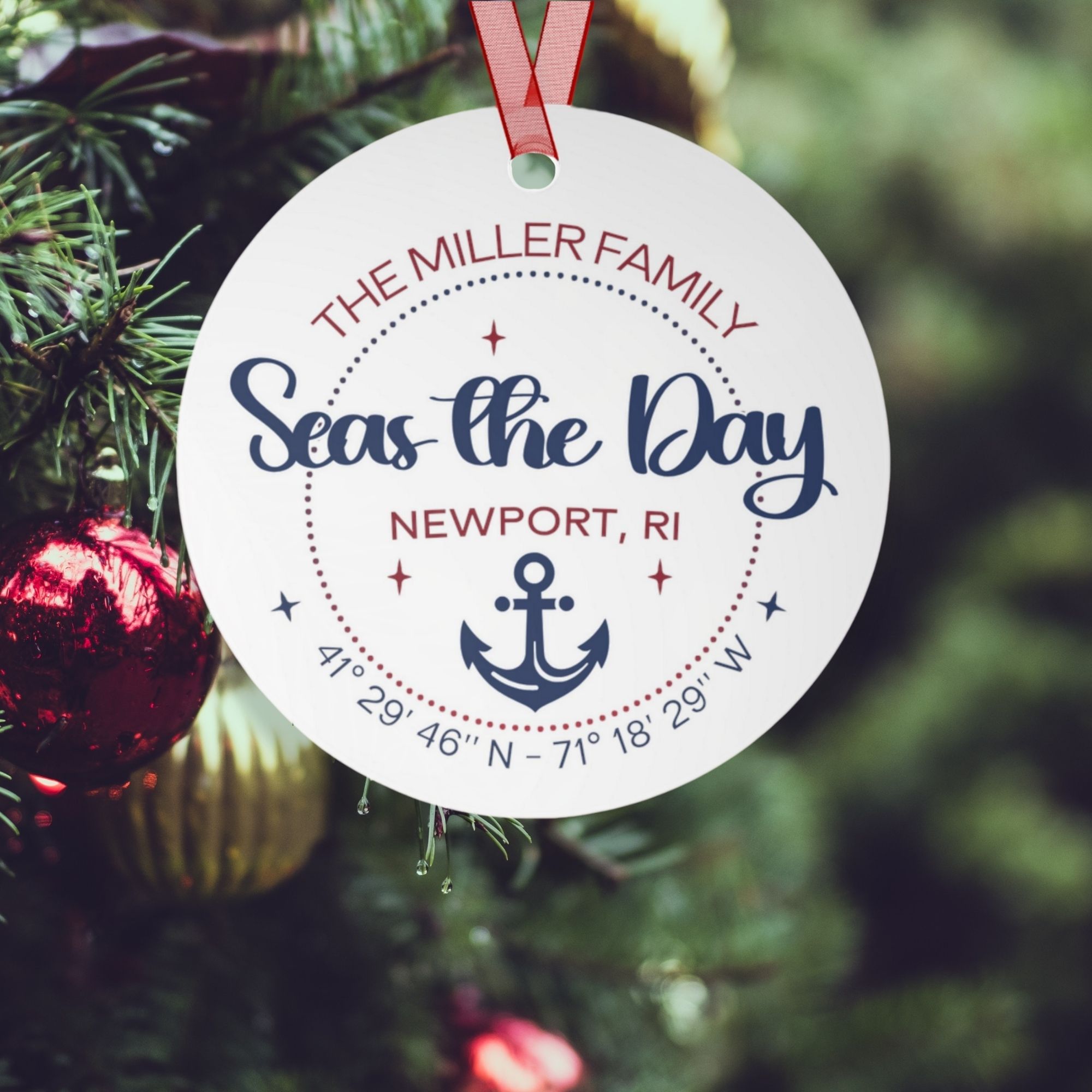 Custom Boat & Family Names Ornament with Coordinates - Metal