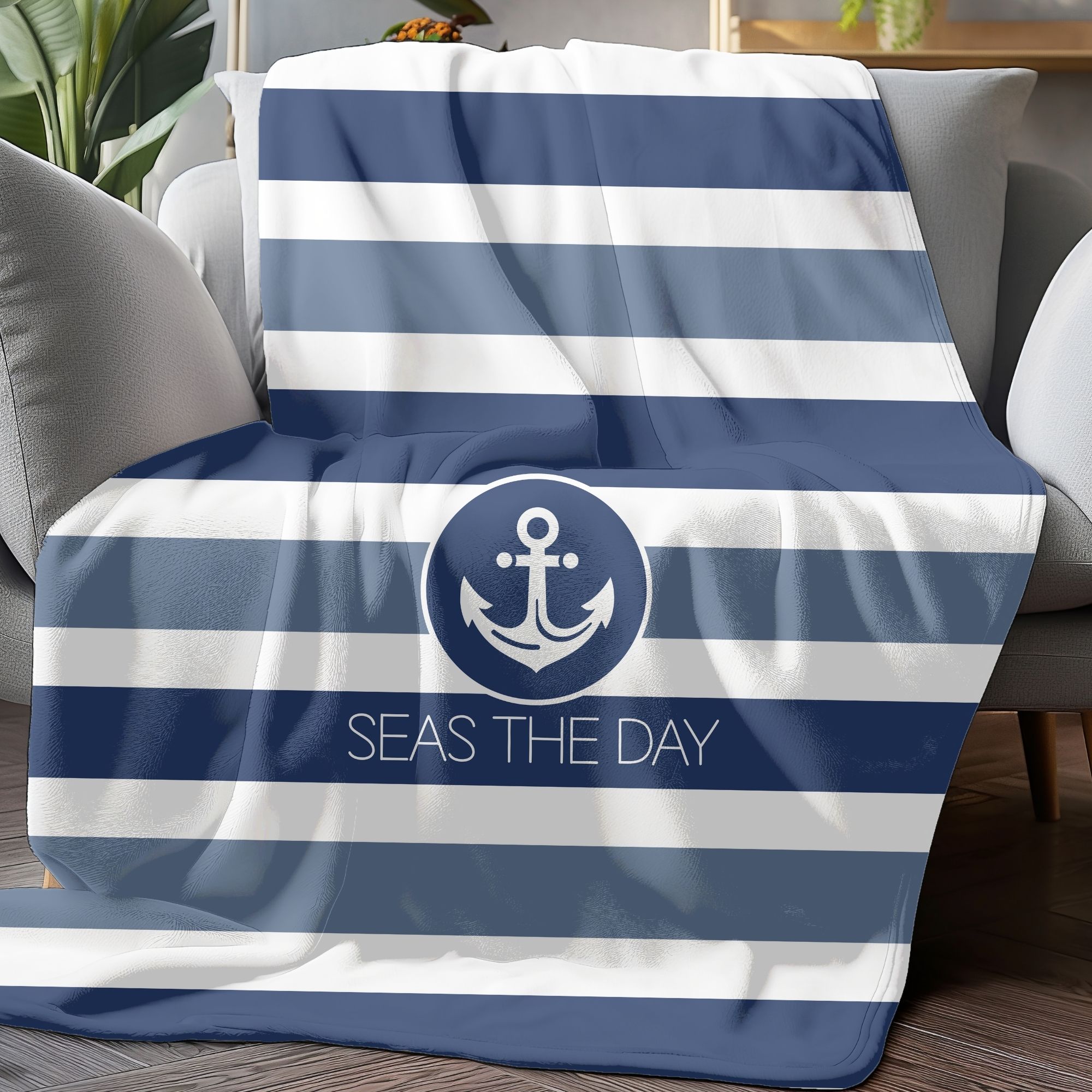 Custom Coastal Throw Blanket-Blue Stripes