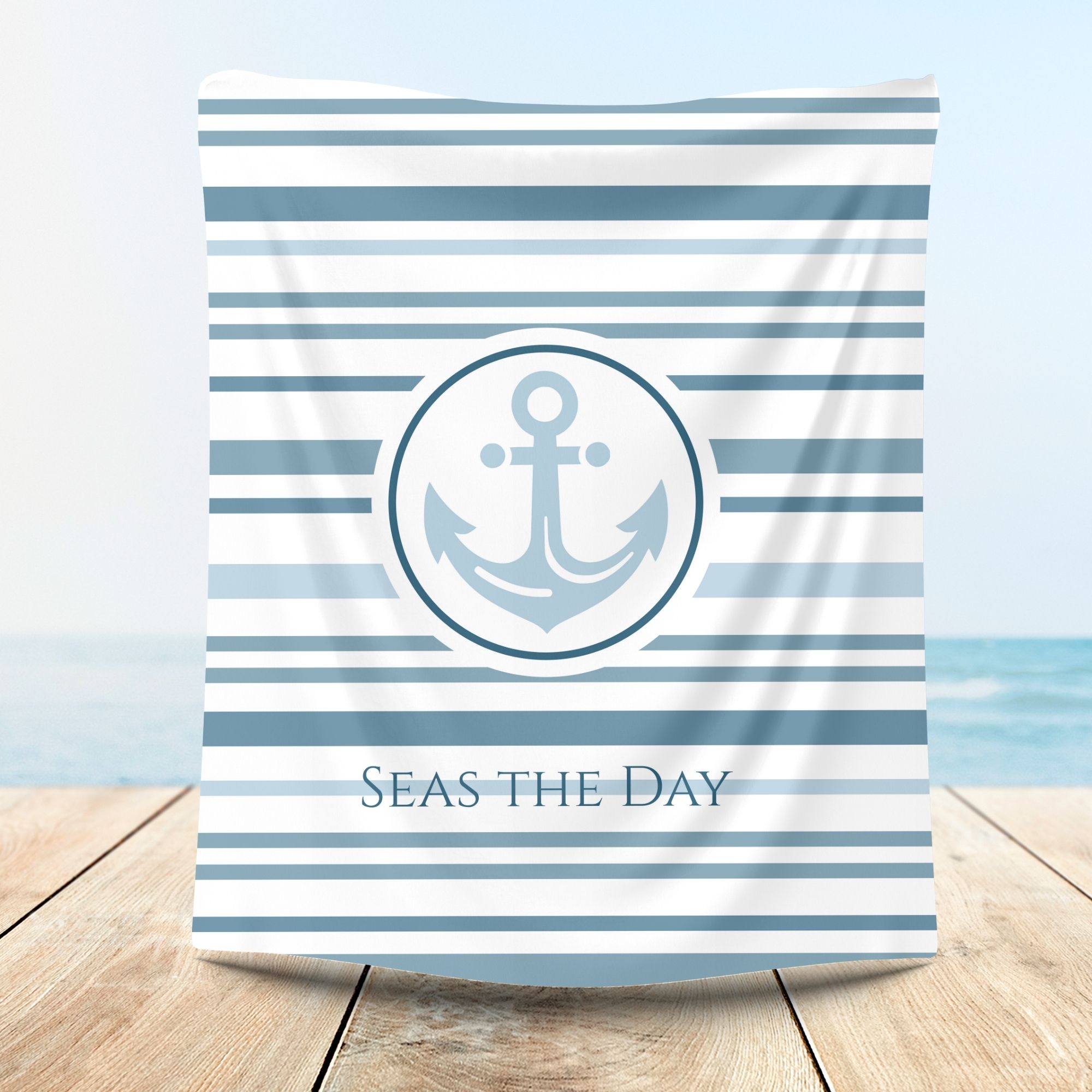 Custom Coastal Throw Blanket-Anchor Light Blue Stripes