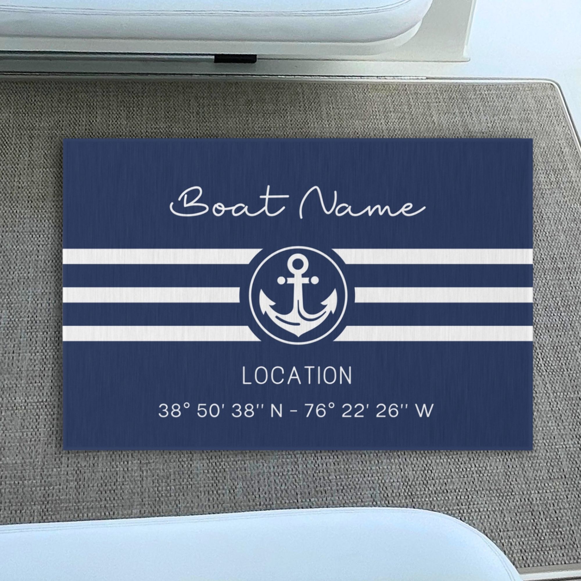 Custom Outdoor Boat Rug with Script Name, Anchor & Coordinates
